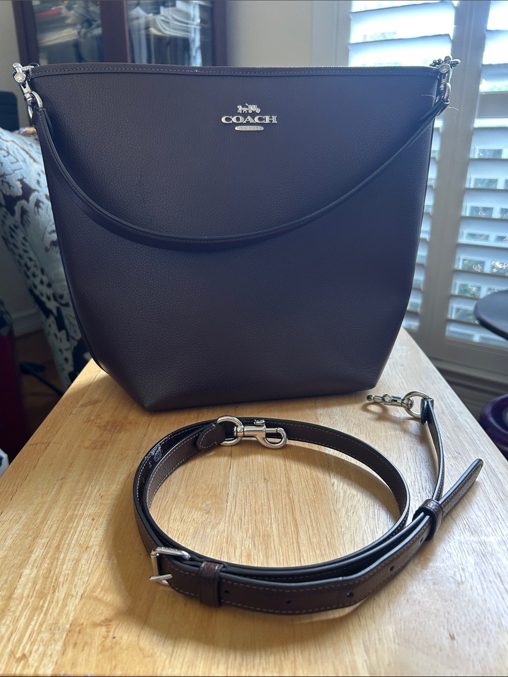 Coach Dark Brown Pebbled Leather Shoulder Bag, Removable Strap Silver Hardware